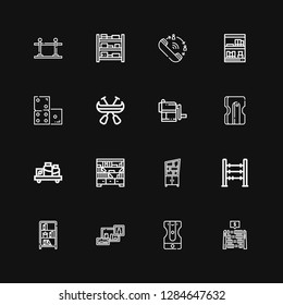Editable 16 row icons for web and mobile. Set of row included icons line Abacus, Sharpener, Bookshelf, Bookcase, Shelf, Shelves, Canoe, Domino, Queue on black background