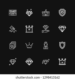 Editable 16 royal icons for web and mobile. Set of royal included icons line Crown, Diamond, Shield, Miss world, Playing cards, Riches, Castle on black background