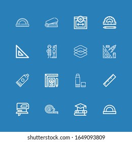 Editable 16 ruler icons for web and mobile. Set of ruler included icons line Protractor, Education, Measuring tape, Fretsaw, Ruler, Glue, Stationery, Dimensions on blue background