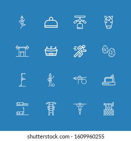 Editable 16 running icons for web and mobile. Set of running included icons line Well, Fitness, Gym station, Treadmill, Football player, Runes, Running, Football on blue background