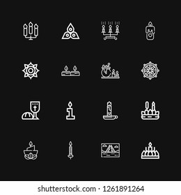 Editable 16 Sacred Icons For Web And Mobile. Set Of Sacred Included Icons Line Candle, Mayan Pyramid, Last Supper, Dharma Wheel, Candles, Chakra On Black Background