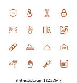 Editable 16 safety icons for web and mobile. Set of safety included icons line Crib, Seat belt, Gloves, Slingshot, Exit, Cover, Hat, Belt, Gauze, Helmet, Human rights on white background