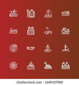 Editable 16 sail icons for web and mobile. Set of sail included icons line Jet ski, Cruise, Sailboat, Rudder, Sail, Ship, Boat, Shipping, Cargo ship, Sailor, Submarine on red