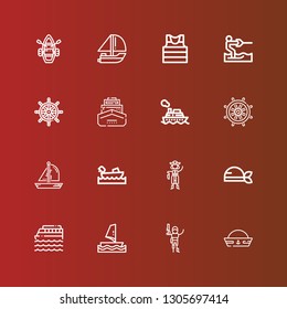 Editable 16 sailboat icons for web and mobile. Set of sailboat included icons line Sailor hat, Pirate, Windsurf, Cruise, Boating, Boat, Rudder, Ship, Ship wheel, Water ski on red