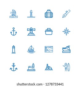 Editable 16 sailing icons for web and mobile. Set of sailing included icons line Surfer, Jet ski, Lighthouse, Anchor, Yatch, Sailing boat, Windrose, Transport on white background