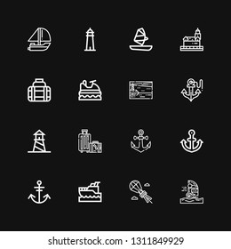 Editable 16 sailing icons for web and mobile. Set of sailing included icons line Windsurfing, Parasailing, Yatch, Anchor, Travel, Lighthouse, Jet ski, Transport on black background