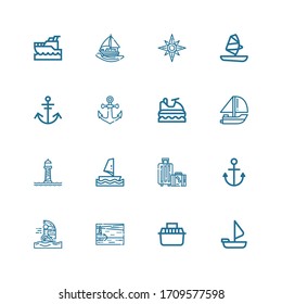 Editable 16 sailing icons for web and mobile. Set of sailing included icons line Sailing boat, Transport, Lighthouse, Windsurfing, Anchor, Travel, Windsurf on white background