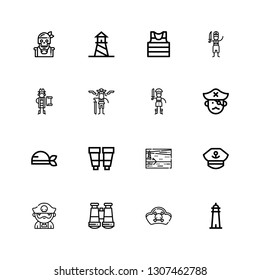 Editable 16 sailor icons for web and mobile. Set of sailor included icons line Lighthouse, Pirates, Binoculars, Pirate, Captain, Sailor on white background