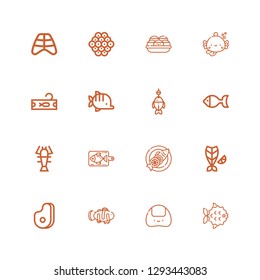 Editable 16 salmon icons for web and mobile. Set of salmon included icons line Fish, Onigiri, Clown fish, Meat, Lobster, Tuna, Takoyaki, Caviar, Ribs on white background