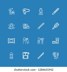 Editable 16 salon icons for web and mobile. Set of salon included icons line Hair dryer, Makeup, Well, Barbershop, Cosmetics, Nail clippers, Makeup remover on blue background