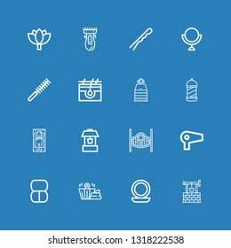 Editable 16 salon icons for web and mobile. Set of salon included icons line Well, Mirror, Sauna, Makeup, Hair dryer, Saloon, Massage, Barbershop, Skin, Comb on blue background