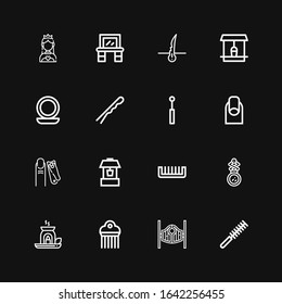 Editable 16 salon icons for web and mobile. Set of salon included icons line Comb, Saloon, Essential oil, Mirror, Well, Nail clippers, Nails, Hairpin, Hair on black background