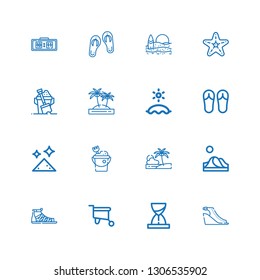 Editable 16 sand icons for web and mobile. Set of sand included icons line Sandals, Hourglass, Wheelbarrow, Dune, Beach, Sand bucket, Dust, Island, Starfish on white background