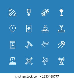 Editable 16 Satellite Icons For Web And Mobile. Set Of Satellite Included Icons Line Antenna, Satellite, Road, Sputnik, Gps, Wifi, Road Sign, Meteorite, Venus On Blue Background