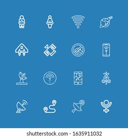 Editable 16 satellite icons for web and mobile. Set of satellite included icons line Pluto, Satellite, Route, Antenna, Signal, Gps, Wifi, Spaceship, Wifi signal on blue background