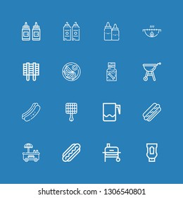 Editable 16 sauce icons for web and mobile. Set of sauce included icons line Ketchup, Grill, Hot dog, Jar, Dippel oil, Jiaozi, Sauce, Condiment on blue background