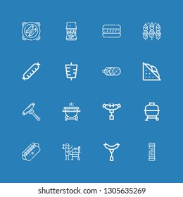 Editable 16 sausage icons for web and mobile. Set of sausage included icons line Snack, Sausage, Grill, Hot dog, Bbq, Sandwich, Salami, Kebab on blue background