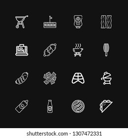 Editable 16 sausage icons for web and mobile. Set of sausage included icons line Sandwich, Barbecue, Ketchup, Mustard, Grill, Ribs, Bacon, Sausage, BBQ grill on black background
