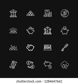 Editable 16 savings icons for web and mobile. Set of savings included icons line Transfer, Piggy bank, Exchange, Investment, Profit, Gold, Bank on black background