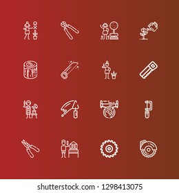 Editable 16 saw icons for web and mobile. Set of saw included icons line Circular saw, Gardener, Plier, Trowel, Log, Garden, Pliers on red