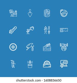Editable 16 saw icons for web and mobile. Set of saw included icons line Fretsaw, Saw, Gardening, Gardener, Trowel, Garden, Circular Log on blue background