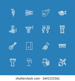 Editable 16 saxophone icons for web and mobile. Set of saxophone included icons line Cello, Tuba, Orchestra, Kettledrum, Bongos, Trumpet, Cajon, Mandolin, Timpani on blue background