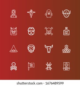 Editable 16 scary icons for web and mobile. Set of scary included icons line Skull, Tarantula, Pirate flag, Cemetery, Dracula, Witch hat, Poison, Frankenstein, Monster on red