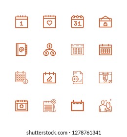 Editable 16 schedule icons for web and mobile. Set of schedule included icons line Date, Calendar, Management, Organization, Agenda, Event on white background