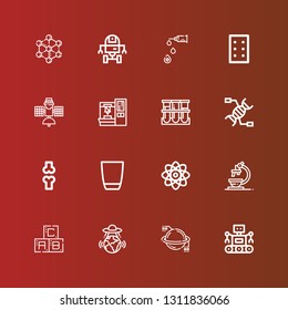 Editable 16 science icons for web and mobile. Set of science included icons line Robot, Planet, Ufo, Abc, Microscope, Physics, Glass, Bone, Dna, Blood sample, Robot arm on red