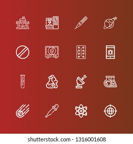 Editable 16 science icons for web and mobile. Set of science included icons line Earth grid, Atom, Pipette, Meteorite, Flask, Satellite dish, Lab, Virus, Antibiotic, Orthopedic on red