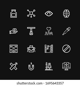 Editable 16 science icons for web and mobile. Set of science included icons line Medical record, Flask, Magnet, Satellite, Pill, Robot arm, Robot, School, Pipette on black background