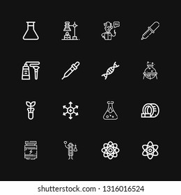 Editable 16 scientific icons for web and mobile. Set of scientific included icons line Atom, Scientist, Proteins, Tomography, Blood test, Positive ion, Test tube on black background