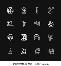 Editable 16 scientist icons for web and mobile. Set of scientist included icons line Lab technician, Microscope, Scientist, Science, Coat, Heisenberg, Lab on black background