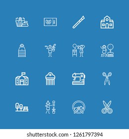 Editable 16 scissors icons for web and mobile. Set of scissors included icons line Scissors, Hamster ball, Gardener, Garden, Sewing, Comb, School, Hair dryer on blue background
