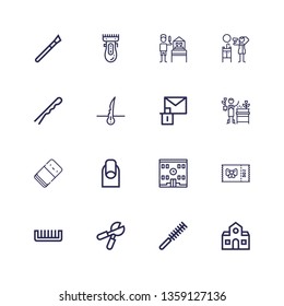Editable 16 scissors icons for web and mobile. Set of scissors included icons line School, Comb, Pruning shears, Coupon, Nails, Eraser, Gardener, Erase, Hair on white background