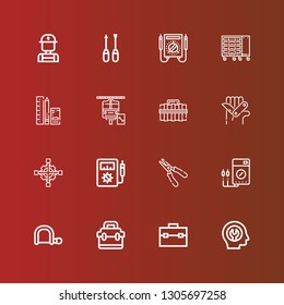 Editable 16 screwdriver icons for web and mobile. Set of screwdriver included icons line Fixed, Toolbox, Hacksaw, Voltmeter, Plier, Cross wrench, Maintenance on red