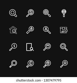 Editable 16 scrutiny icons for web and mobile. Set of scrutiny included icons line Search, Magnifying glass, Research on black background