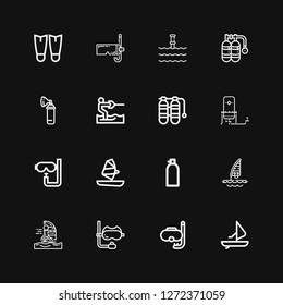 Editable 16 scuba icons for web and mobile. Set of scuba included icons line Windsurf, Diving, Snorkel, Windsurfing, Oxygen, Dive, Oxygen tank, Water ski, Underwater on black background