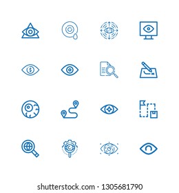 Editable 16 searching icons for web and mobile. Set of searching included icons line View, Eye, Searching, Route, Eyeball on white background