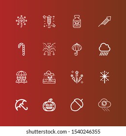 Editable 16 seasonal icons for web and mobile. Set of seasonal included icons line Rain, Acorn, Pumpkin, Umbrella, Fireworks, Celebration, Candy cane, Posion on red