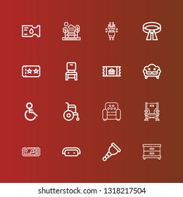 Editable 16 seat icons for web and mobile. Set of seat included icons line Nightstand, Wooden leg, Sofa, Tickets, Chair, Armchair, Wheelchair, Handicap, Ticket, Belt, Seatbelt on red