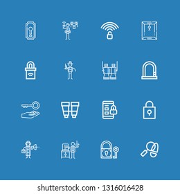 Editable 16 secret icons for web and mobile. Set of secret included icons line Detective, Padlock, Binoculars, Key, Lock, Dossier, Unlocked, Keyhole on blue background
