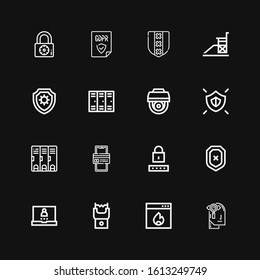 Editable 16 secure icons for web and mobile. Set of secure included icons line Observation, Firewall, Stun gun, Login, Shield, Password, Online payment, Locker on black background