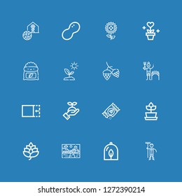 Editable 16 seed icons for web and mobile. Set of seed included icons line Gardener, Plant, Farm, Hop, Seeds, Sprout, Crop, Fertilizer, Sunflower, Peanut, Greenhouse on blue background