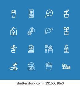 Editable 16 seedling icons for web and mobile. Set of seedling included icons line Garden, Plant, Fertilizer, Gardener, Soil, Greenhouse, Fertilization on blue background