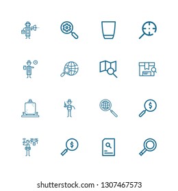 Editable 16 seek icons for web and mobile. Set of seek included icons line Magnifying glass, Search, Detective, Magnifier, Glass on white background