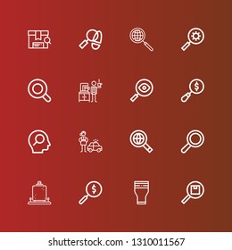 Editable 16 seek icons for web and mobile. Set of seek included icons line Search, Glass, Detective, Searching, Magnifying glass, Magnifier on red