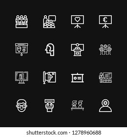 Editable 16 seminar icons for web and mobile. Set of seminar included icons line Employee, Training, Presentation, Student, Teacher, Learning, Online education on black background
