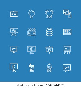 Editable 16 seminar icons for web and mobile. Set of seminar included icons line Presentation, Student, Conference, Whiteboard, Blackboard, Online education on blue background