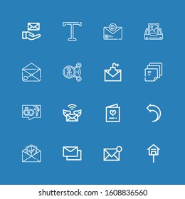 Editable 16 send icons for web and mobile. Set of send included icons line Mailbox, Email, Mails, Return, Invitation, Mail, Proposal, Post it, Share, Inbox on blue background